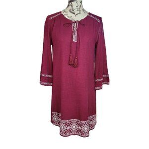 Ellison Size M Burgundy Embroidered Bell Sleeve Gauzy Shift Lined Mini Dress New